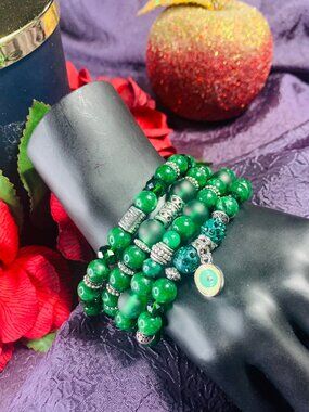 One-Of-A-Kind Evil Eye Charm, Green Jasper, Glass & Pewter Bracelet Set